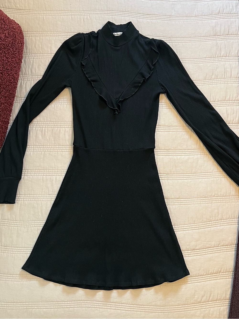 Reformation Black Ruffle Trim Long Sleeve Dress Mini Ribbed Knit Fit N Flare